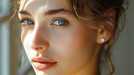 Wall Mural - A stunning close-up portrait of a young woman with captivating blue eyes.