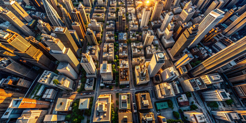 Aerial view of a bustling urban cityscape with skyscrapers and vibrant streets at sunset
