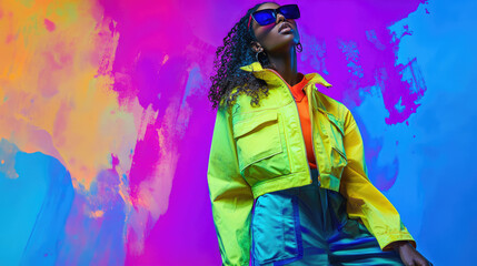 Sticker - A young woman in stylish , including an oversized jacket and sunglasses, poses against the backdrop of vibrant colors