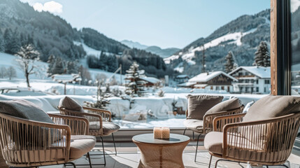 Cozy Outdoor Cafe Terrace Overlooking Snow-Covered Mountains in Winter. Concept of Winter Wonderland, Relaxation, Resort, Scenic Views, Serene Atmosphere