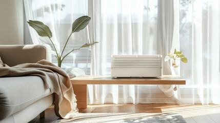 Cozy living room with a white space heater near a sunny window. Concept of home warmth, comfort, interior design, and energy efficiency