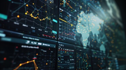 Wall Mural - big data analysis wall showing global business statistics with charts and graphs