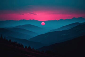 Sticker - Silhouetted Mountain Ranges with a Pink Sunset and a Circle-Shaped Sun