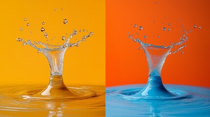 Wall Mural - Two drops of water, one orange and one blue, are splashing into a pool. The orange drop is larger and more prominent, while the blue drop is smaller and more subtle. Concept of movement and energy