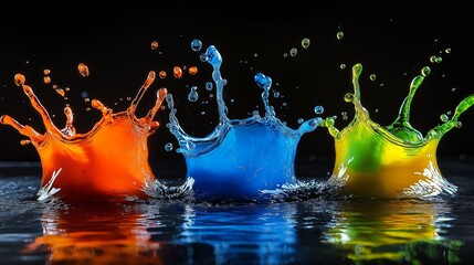 Wall Mural - Three colorful water droplets are splashing in the air, creating a vibrant and lively scene. The colors of the droplets are orange, blue, and green, which adds a sense of energy