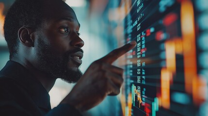 A man pointing at a computer screen with a lot of numbers on it. He is wearing a suit and he is focused on the screen