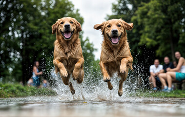 Wall Mural - two dogs playing in water created with Generative AI technology