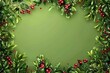 © Chayon Creative - Christmas green frame with holly leaves and stars on a beige background