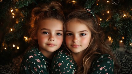 Two young girls are posing for a picture in front of a Christmas tree