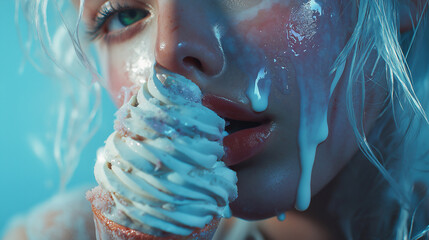 A woman is eating a blueberry cupcake with whipped cream. The cupcake is topped with blueberries and powdered sugar. The image has a whimsical and playful mood, as the woman is enjoying a sweet treat