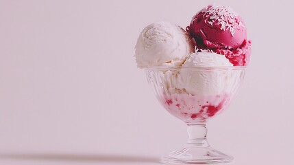 Delicious Strawberry and Vanilla Ice Cream with Coconut Flakes in Glass Sundae Dish