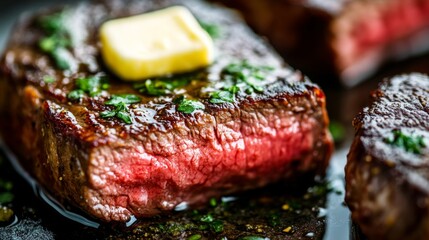 Canvas Print - A close-up of a perfectly cooked steak with a juicy, tender interior and a seared crust, garnished with fresh herbs and a pat of butter.