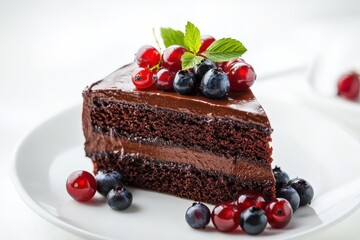 Closeup of a chocolate cake slice with delicious glaze and berries