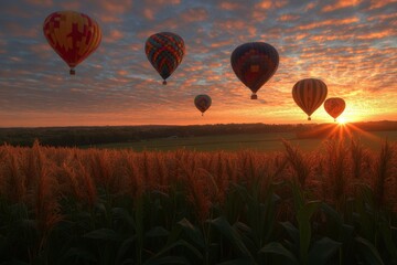 Poster - Hot Air Balloons Floating Over Cornfield at Sunrise