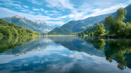 Naklejka na meble Serene Lake with Reflections of Majestic Mountains and Lush Trees, Showcasing a Tranquil Natural Scene with Perfectly Mirrored Scenery and Peaceful Waters for a Relaxing Escape

