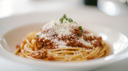 Sticker - A close-up of a spaghetti dish with a rich Bolognese sauce and a sprinkle of grated cheese, captured on a white plate with a white background.