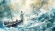 © Anna - Watercolor painting of Biblical scene depicting Jesus calming a stormy sea with a boat full of disciples