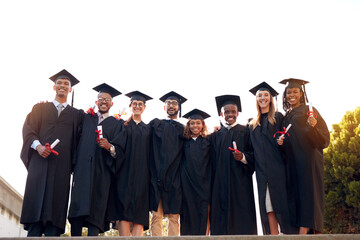 Poster - Graduation class, diversity or portrait of students with certificate at university for education, opportunity or success. College, achievement or happy people at campus with degree, group or diploma