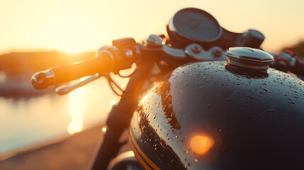 A close-up of a motorbike’s fuel tank and seat, with the sun setting in the background, creating a warm, golden glow.


