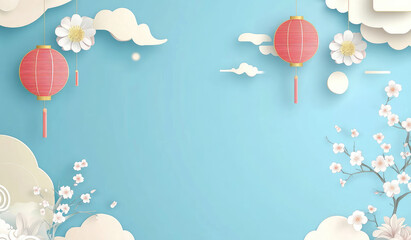 Wall Mural - A light blue background with paper-cut clouds, lanterns, and flowers in the lower left corner of the picture