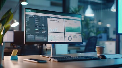 Wall Mural - computer screen is displaying various statistics and data analysis on a desk in an office at night