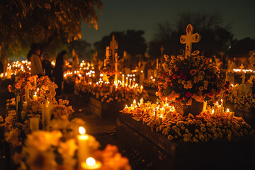 Wall Mural - serene nighttime day of the dead celebration at cemetery