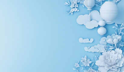 Wall Mural - A light blue background with paper-cut clouds, lanterns, and flowers in the lower left corner of the picture