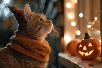 Poster - Cat in a Witch's Hat Gazing at Jack-o'-Lantern