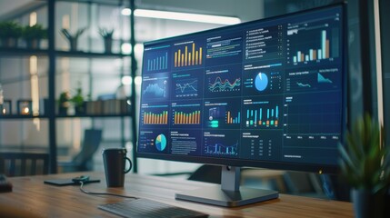 Wall Mural - big screen showing various graphs with important business data in a modern office