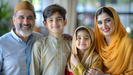 A warm portrait of a Muslim  family dressed in traditional attire, showcasing family bonds and cultural pride.