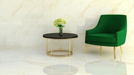 A sleek black side table with a round glass top and golden legs complements an emerald green armchair against a beige wall in a modern, minimalistic living area