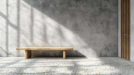 A room with concrete walls and a wooden bench