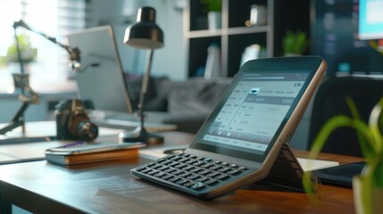 Wall Mural - Modern tablet computer showing financial charts and data on desk in home office