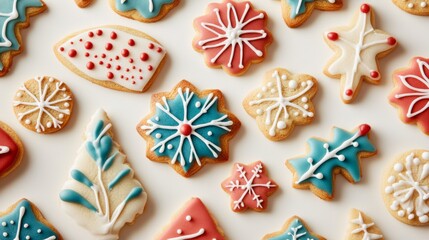 Leinwandbilder - A close-up of decorated cookies with festive designs, such as holiday themes or intricate icing patterns, arranged on a clean, white surface for a vibrant display.