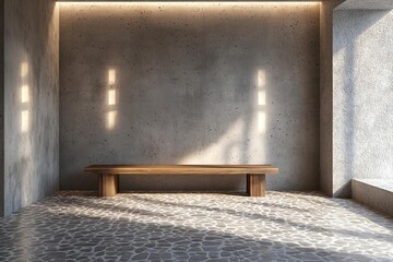 A spacious room with concrete walls and a wooden bench