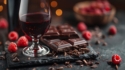 Glass of red wine with a side of dark chocolate