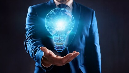 Wall Mural - A businessman holds a creative hologram lamp against a dark background. This is an illustration that explains innovation, idea and insight.