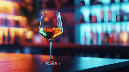 A glass of wine is sitting on a wooden table in a bar. The atmosphere is dimly lit and the bar is filled with various bottles and glasses