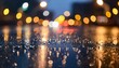 © luis - A close-up of a raindrop-covered road surface with beautiful bokeh and city lights in the background