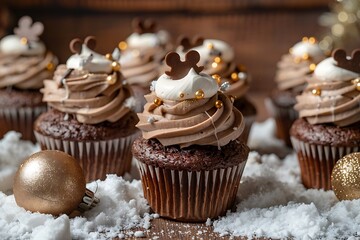 Wall Mural - A photograph of Snowflake Cupcakes, white cupcakes with beige frosting and a snowdrop sugar decoration