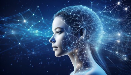 Wall Mural - A digital profile of a human head with interconnected lines against a starry blue background, depicting the concept of technology.