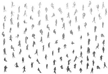 Set with people polygonal in different positions isolated on white background. Men, women and children walking, running, standing, sitting. Isometric view. Vector illustration. 3D