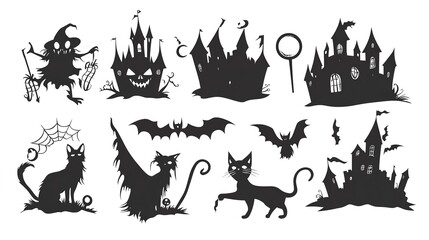 Collection of Halloween silhouettes icon and character elements for Halloween decorations, silhouettes, sketch, icon, sticker. Hand drawn vector illustration. on white background