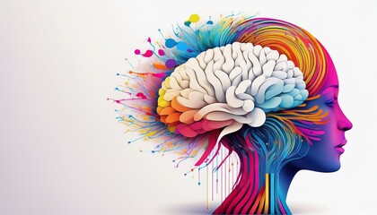 Wall Mural - A white background with a colorful AI brain design is a stock illustration intended for a digital marketing or tech concept banner