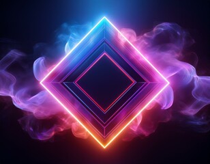 Poster - An abstract design template depicting neon smoke inside a glowing diamond shape against a dark background. 3D rendering.