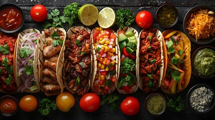 A vibrant collage of tacos featuring both soft and hard shells, filled with a variety of flavorful meats, vegetables, and toppings, each beautifully arranged on festive, colorful plates,