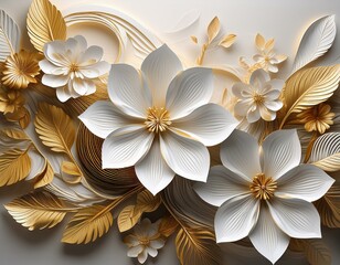 An abstract floral wallpaper with white paper flowers and golden leaves in 3D