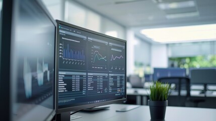 Wall Mural - financial data charts displaying on computer screens in an empty corporate office
