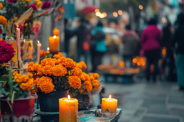 Poster - Vibrant Day of the Dead Celebration on Urban Street with Colorful Altars  