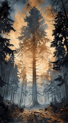 Canvas Print - Big tree in the forest landscape illustration poster background